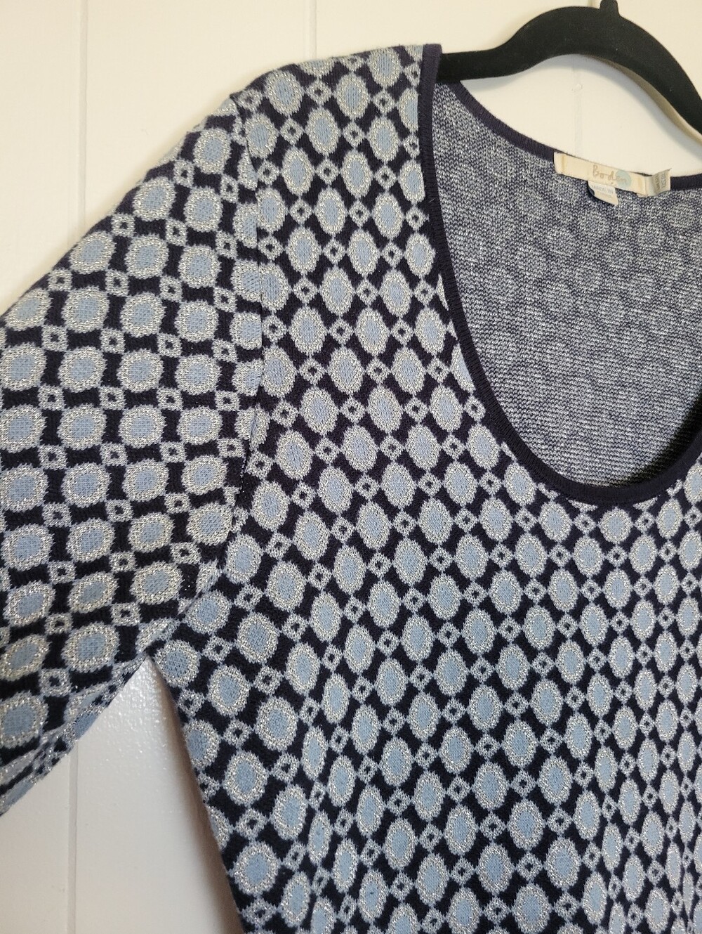Boden Sweater Knit Dress Long Sleeve Blue & Silver Metallic Geometric 8L 8 Long - Picture 2 of 11